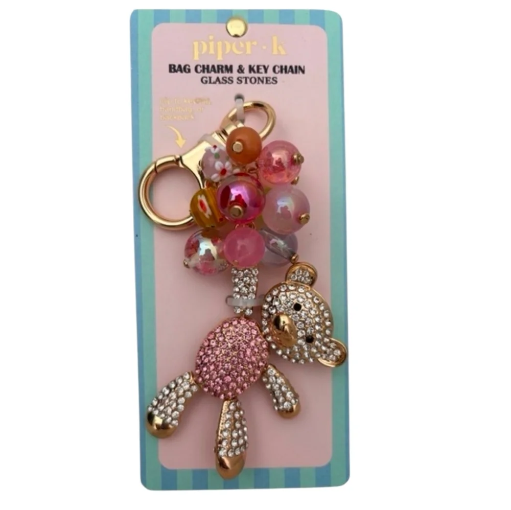 💛▪️ Piper K▪️UK  🇬🇧 Charming Teddy Bear Keychain with Pink and Gold Accents